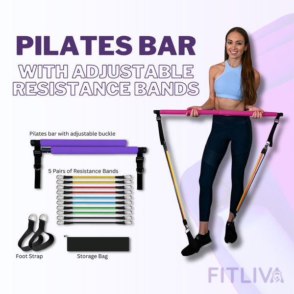 Pilates Squat Bar with Adjustable Buckles + 5 pairs of Resistance Bands